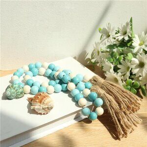 Wood Bead Garland, 39in Farmhouse Beads with Tassels Boho Beads for Tiered Tray